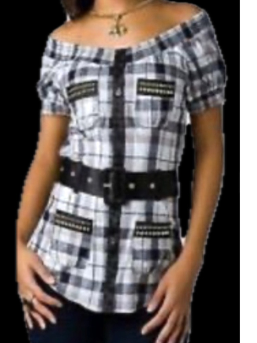 NEW ! Dereon  Belt plaid snap down POPLIN SHOULDER Shirt 1X 14 16 PLUS
